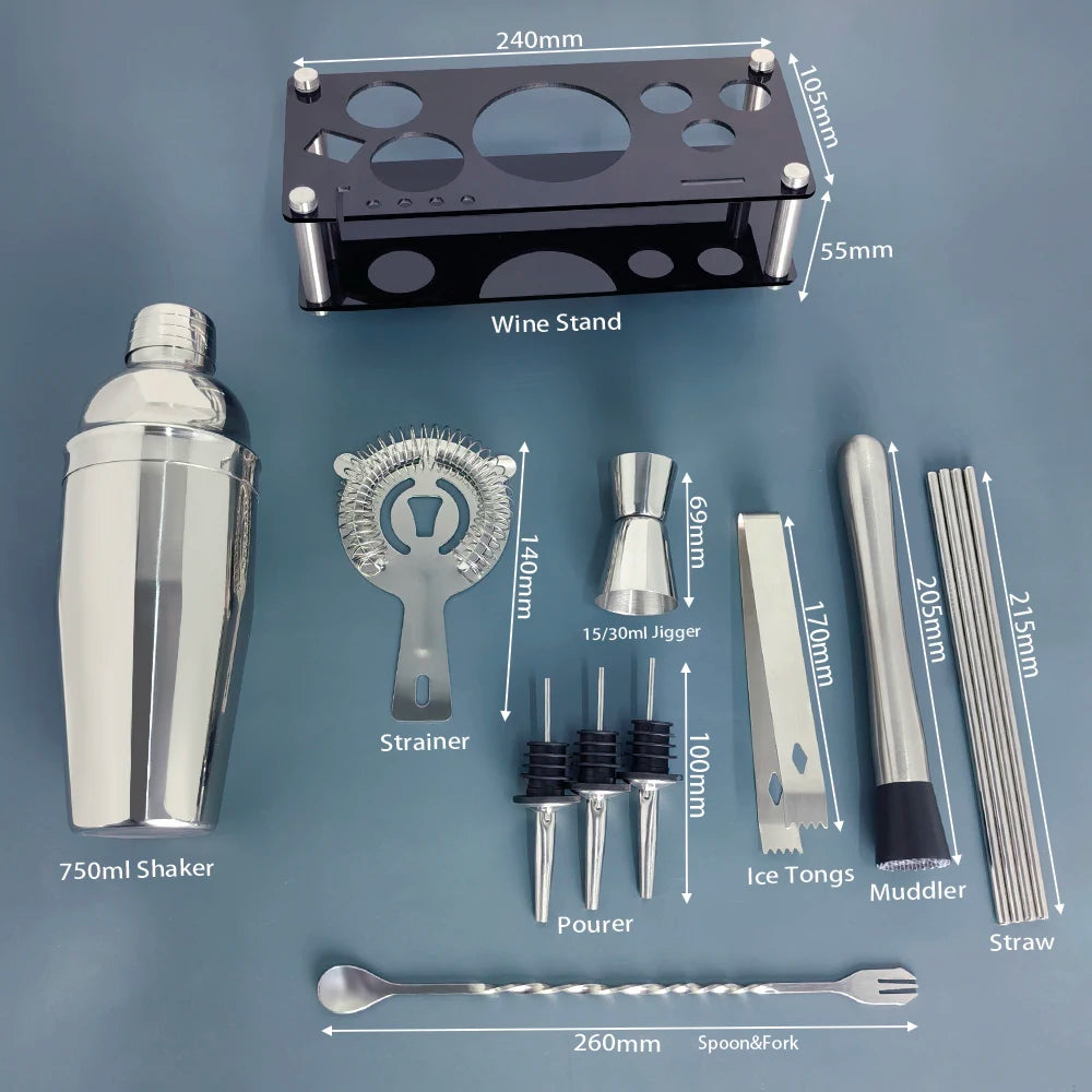 13-teiliges 750 ml 600 ml Cocktail-Shaker-Set, Bar-Werkzeuge aus Edelstahl mit schwarzem Ständer, 750 ml Shaker, Jigger, Löffel, Ausgießer