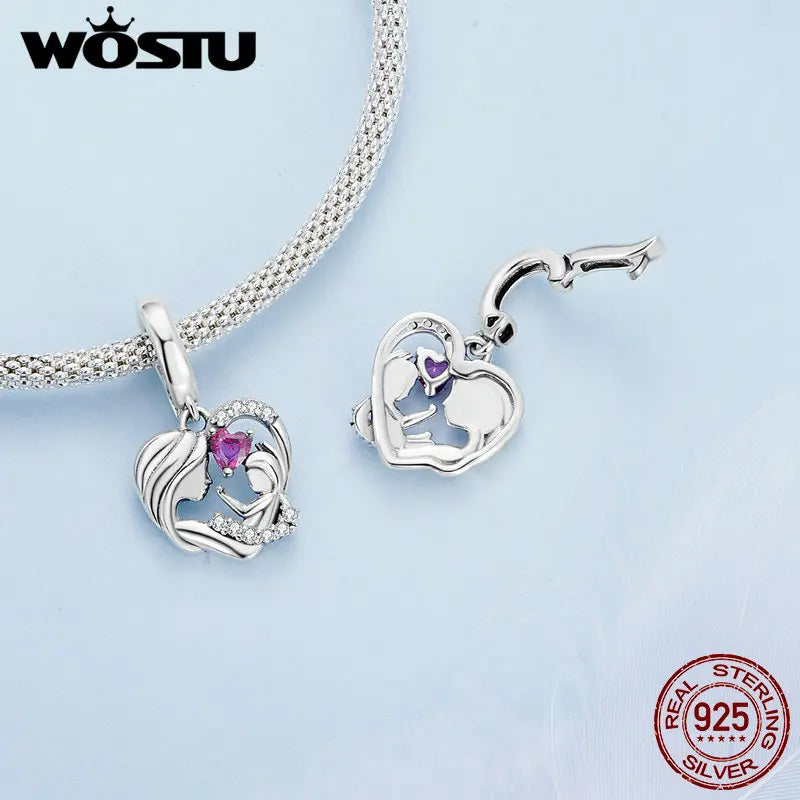 WOSTU Anhänger aus 925er-Sterlingsilber, Liebesherz-Charm, Dackel-Hund, lila Kristall, Lotus-Perlen, passend für Armband, DIY-Halskette, Mädchen-Geschenk