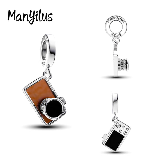 Manyilus Vintage-Kamera-Charm, 925er Sterlingsilber, Fotografie-Schmuckanhänger für DIY-Original-Armband, Retro-Erinnerungsgeschenk