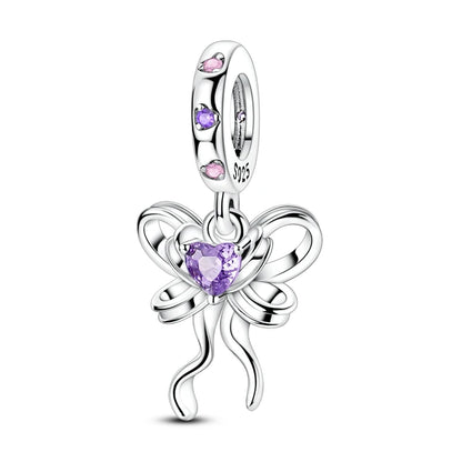 Romantische Schleifenperlen aus 925er-Sterlingsilber und herzförmiger, unendlicher baumelnder Charm, passend für Armbänder, schöne Schmuck-Accessoires, Geschenke