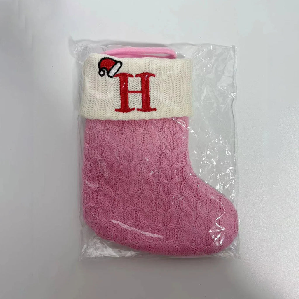 Rosa Weihnachts-Alphabet-Stricksocken, verdickt, Kawaii, exquisite Süßigkeiten-Geschenktüten, große Kapazität, Festival-Buchstaben-Stricksocken