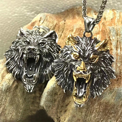 Punk Vikings Wolf Head Necklaces Stainless Steel Vintage Nordic Odin's Wolf Pendant Amulet Men Charm Genuine Leather Rope Jewelry