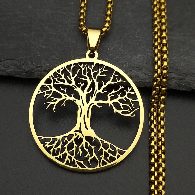 2024 Tree of Life Stainless Steel Long Necklace for Men Black Color Necklaces &amp; Pendants Jewelry cadenas para hombre N834S03
