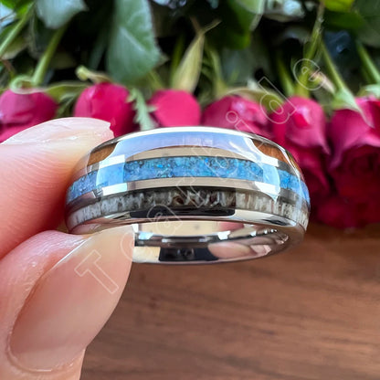 Dropshipping 8mm Männer Frauen Wolfram Ehering Dome Band Mit Hirschgeweih Blau Opal Und Holz Inlay Comfort Fit