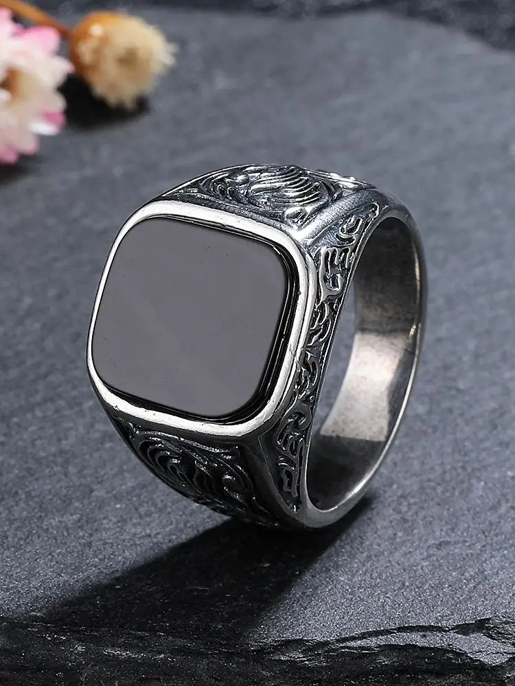 S925 Silver Jewelry Ring Natural 12*14mm Big Black Agate Stone Vintage Ring For Women Party Gifts