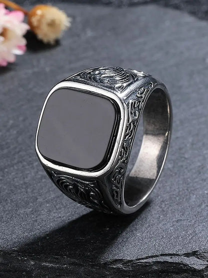 S925 Silver Jewelry Ring Natural 12*14mm Big Black Agate Stone Vintage Ring For Women Party Gifts