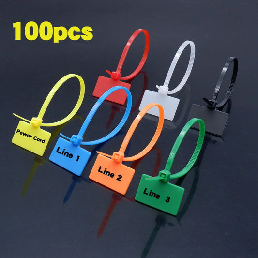 100 Stück Nylon-Kunststoff-Kabelbinder, Etiketten, Schlaufe, selbstsichernde Kabelbinder, Netzwerk-Befestigungsgurte, Marker, Blau, Rot, Grün, Gelb