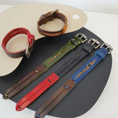 MKENDN Vintage pflanzlich gegerbtes Rindsleder-Manschettenarmband für Männer und Frauen, Punk-Armreif, geriebenes Distressed-Denim-farbiges Armband