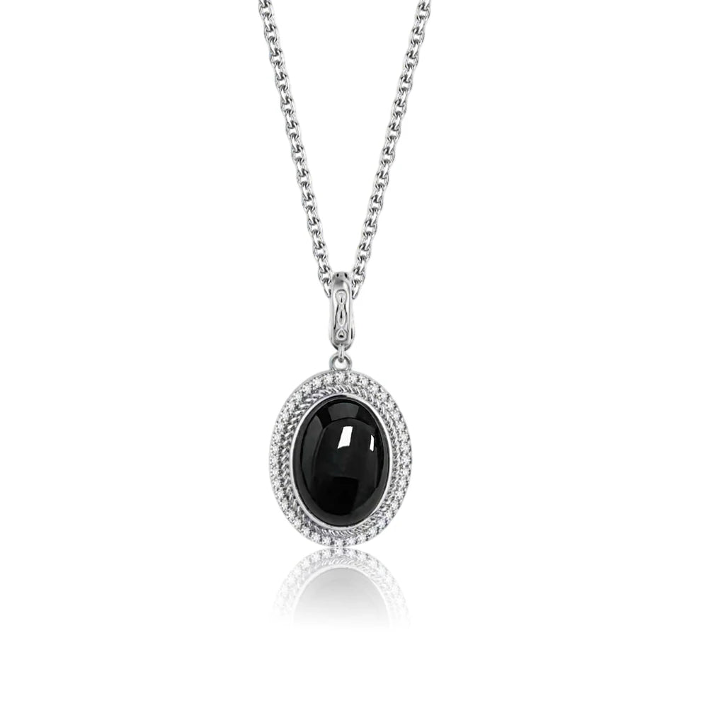Halskette aus 925er-Sterlingsilber, natürlicher schwarzer Onyx, oval, 10 x 14 mm, mit Cry-Skelett, schlichtes Design, mit Kristall für Damen