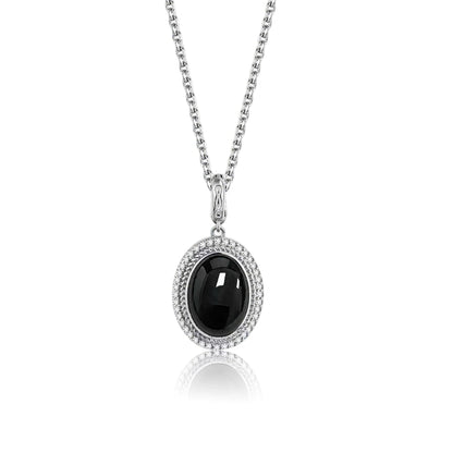 Halskette aus 925er-Sterlingsilber, natürlicher schwarzer Onyx, oval, 10 x 14 mm, mit Cry-Skelett, schlichtes Design, mit Kristall für Damen