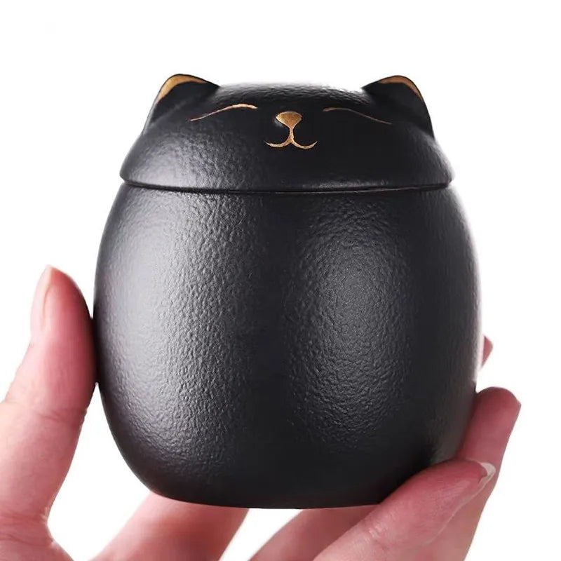 Urn for pet ashes, cat shape memorial cremation urns, hand crafted black, decorative urns for burial dog, ceramic sealed jar