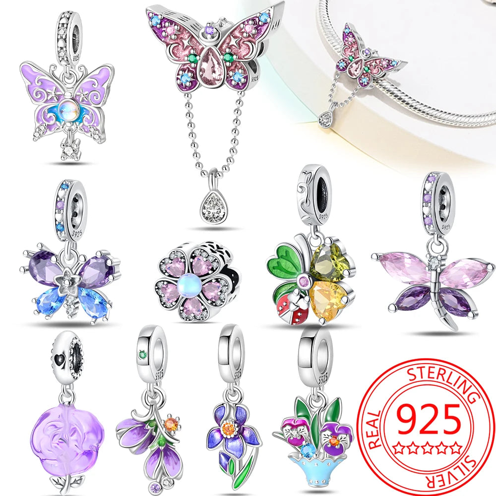 Bunter Schmetterlings-Quasten-Charm-Anhänger aus 925er-Sterlingsilber mit Perlen, passend für Original-Armbänder aus Silber für die Schmuckherstellung von Frauen