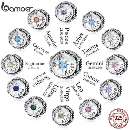 BAMOER Sternzeichen-Charm-Perlen aus 925er-Sterlingsilber, passend für Charm-Armbänder, 12 Sternbilder, Zirkonia-Charm SCC1725