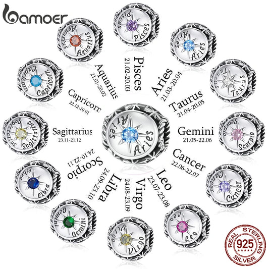 BAMOER Sternzeichen-Charm-Perlen aus 925er-Sterlingsilber, passend für Charm-Armbänder, 12 Sternbilder, Zirkonia-Charm SCC1725