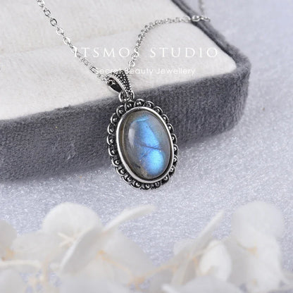 ITSMOS Halskette mit Anhänger aus natürlichem Labradorit, versilbert, schlichter Stein, Vintage-Mode, eleganter Schmuck für Frauen, romantisch