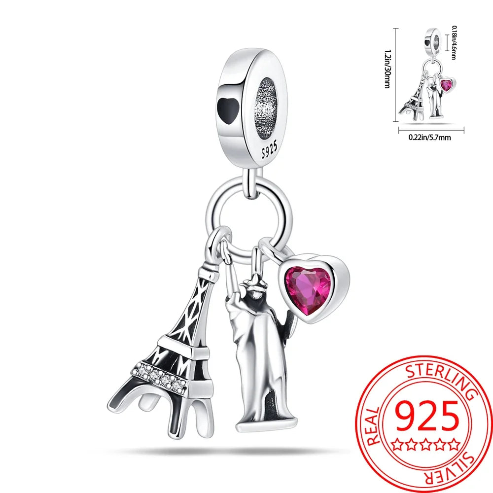 Kreativer Doppel-Charm aus 925er-Sterlingsilber, Eiffelturm, goldenes Herz, passend für DLY-Armbänder, Halsketten, Damen-Dating-Schmuck-Accessoires