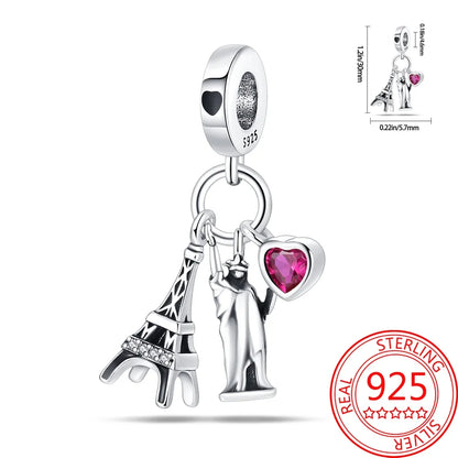 Kreativer Doppel-Charm aus 925er-Sterlingsilber, Eiffelturm, goldenes Herz, passend für DLY-Armbänder, Halsketten, Damen-Dating-Schmuck-Accessoires