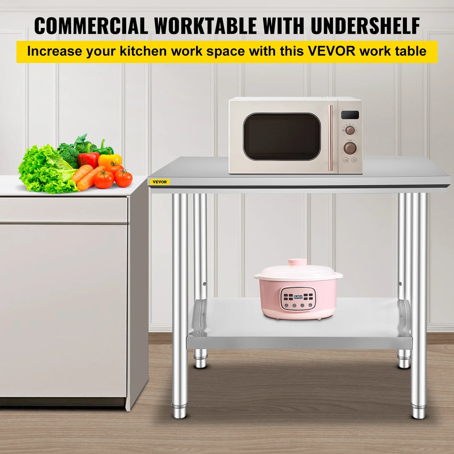 VEVOR Edelstahl Arbeitstisch 900 x 600 x 800 mm Edelstahltisch Essenszubereitung mit Verstellbare Füße für die Zubereitung von Mahlzeiten, Nähen, Waschen, Basteln, Garagennutzung usw.