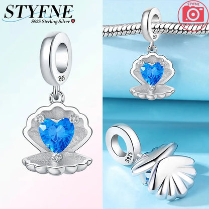 Charms aus 925er-Sterlingsilber, Perlen-Anhänger, Muschel, Delfin, Hippocampus, blauer Charm für Damen, Armband, Schmuck, Geschenk