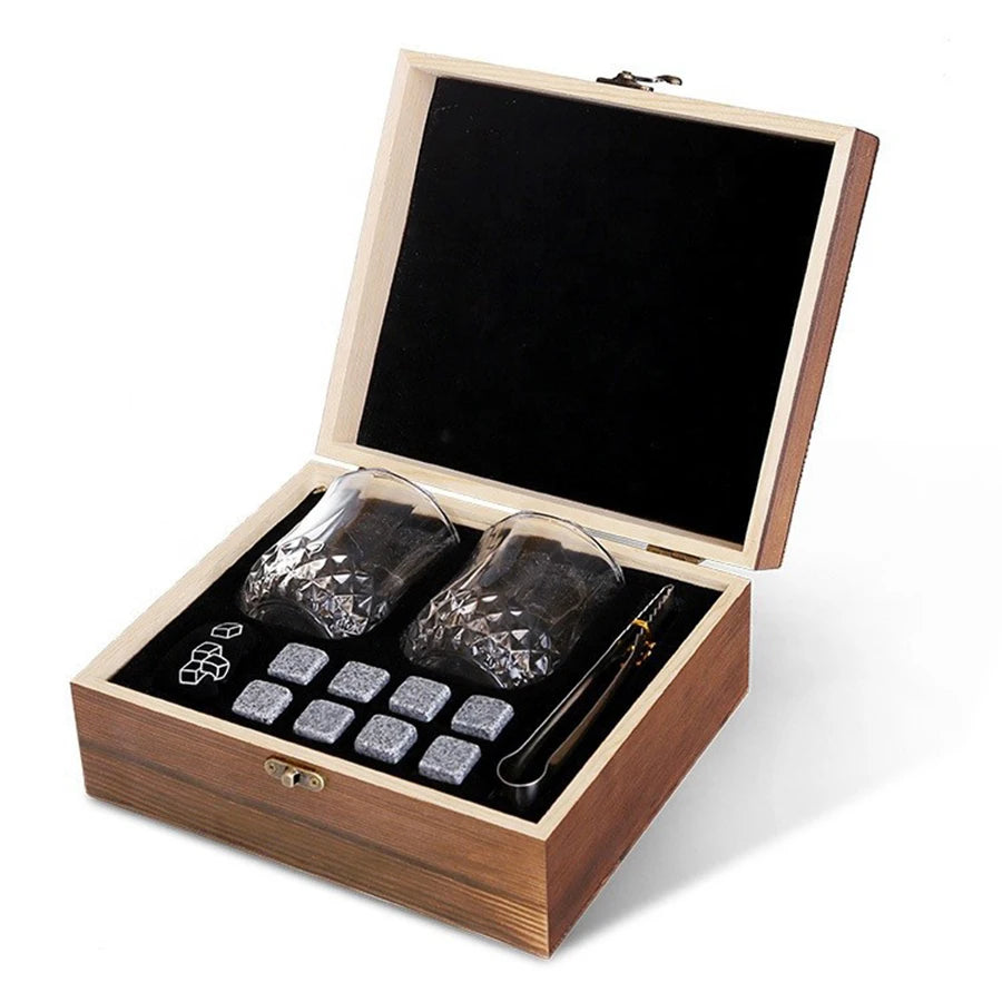 Geschenkset mit Whiskey-Steinen, 8 Whiskey-Steine, 2 Gläser, Eiszange, wiederverwendbare Whiskey-Steine, Geschenk für Männer, Vatertagsgeschenk, Bar-Party-Set
