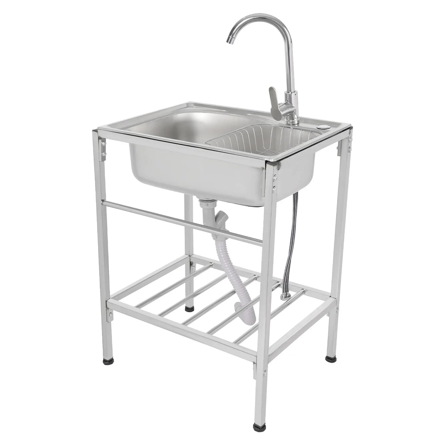 Outdoor-Waschbecken mit Kalt- und Warmwasserhahn und Ablagefach, freistehende Einzelbecken-Küchenspüle aus 304 Edelstahl