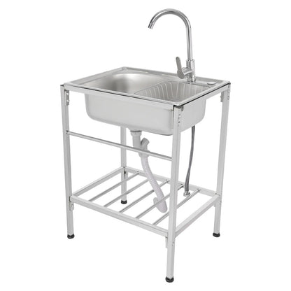 Outdoor-Waschbecken mit Kalt- und Warmwasserhahn und Ablagefach, freistehende Einzelbecken-Küchenspüle aus 304 Edelstahl