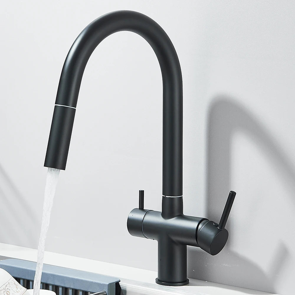 Gefilterter Küchenspüle-Wasserhahn mit einziehbarem Sprühgerät, Messing-Wasserfilterhahn, Trinkwasserhahn, Waschbeckenmischer für die Küche