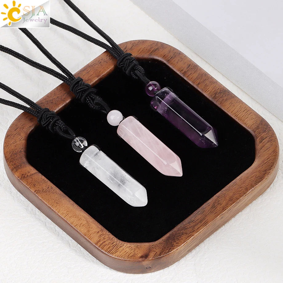 CSJA Sechseckige Naturstein-Anhänger-Kristall-Halskette für Damen und Herren, Amethyst, Tigerauge, schwarzer Obsidian, verstellbare Seilkette H477