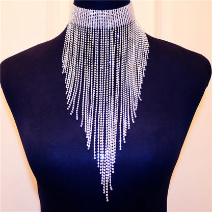 Neue Lange Kette Strass Quaste Choker Halsketten für Frauen Braut Aussage Halskette Hochzeit Kristall Schmuck Kragen Choke