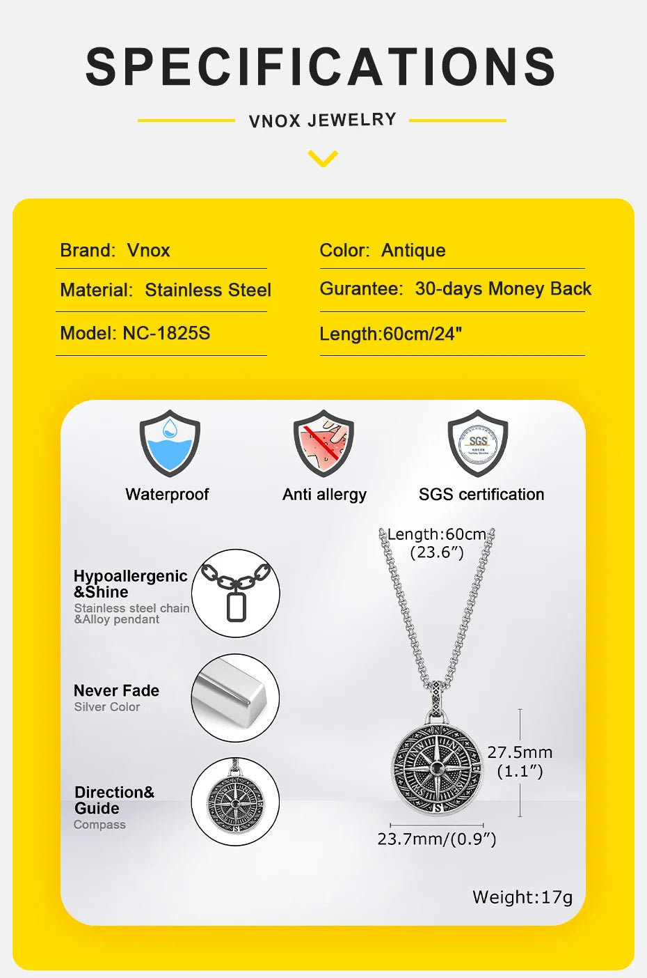 Vnox Vintage Compass Pendant Necklaces for Men and Boys, Stainless Steel Coin Necklace, Rock Hiphop Collar, Graduation Gid Gift