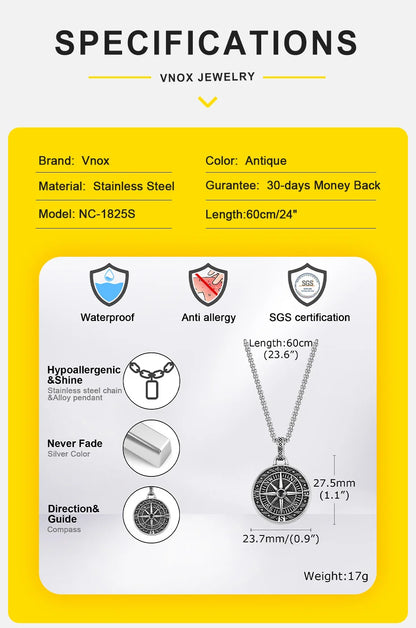 Vnox Vintage Compass Pendant Necklaces for Men and Boys, Stainless Steel Coin Necklace, Rock Hiphop Collar, Graduation Gid Gift