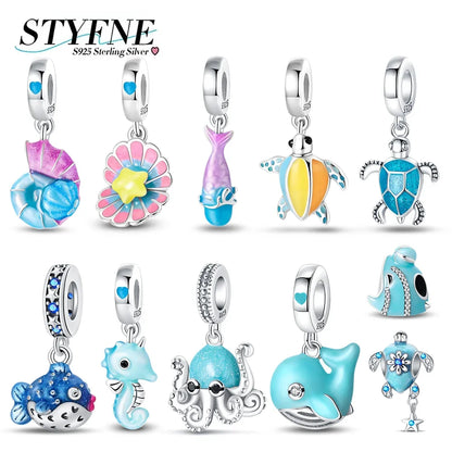 925 Silber Schildkröte Delphin Fischschwanz Muschel Seepferdchen Oktopus Leuchtende Charms Perlen passen Original Armbänder DIY Schmuck Geschenk
