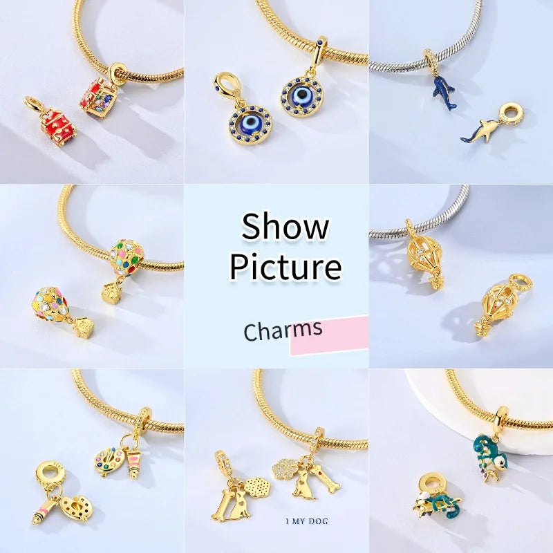 Goldfarbene Charms aus 925er Sterlingsilber, original goldene Sicherheitskette, runder Abstandshalter-Clip-Charm, DIY-Schmuck für Damen, Armband, Geschenk