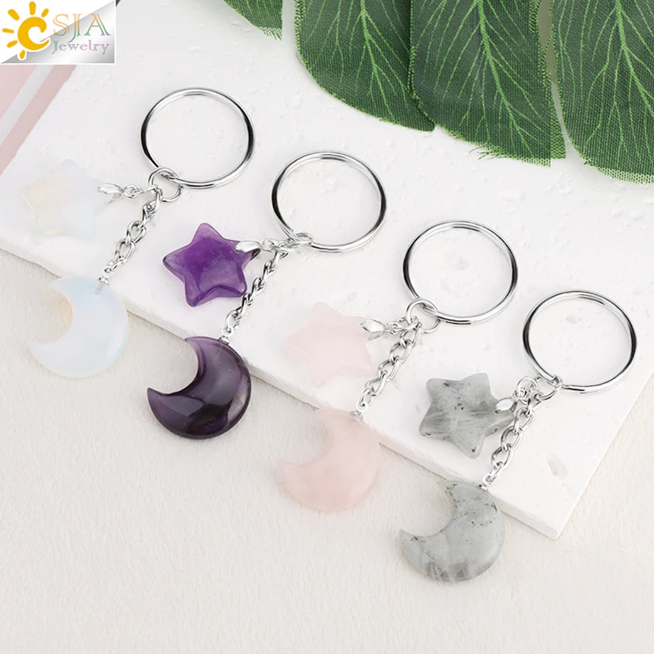 CSJA Healing Naturstein Schlüsselbund Trendy Mond Sterne Charm Bead Anhänger Silber Farbe Halter Schlüssel Ring Auto Schlüssel Ring Tasche Dekor H368