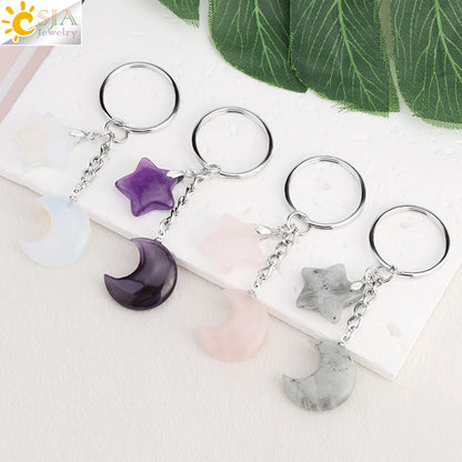 CSJA Healing Naturstein Schlüsselbund Trendy Mond Sterne Charm Bead Anhänger Silber Farbe Halter Schlüssel Ring Auto Schlüssel Ring Tasche Dekor H368