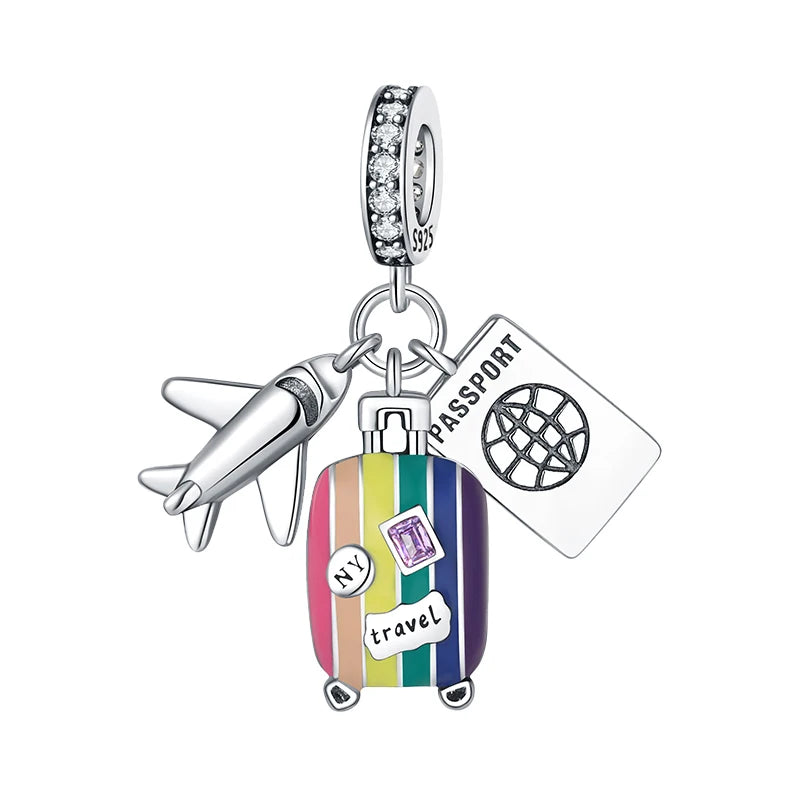 925er Sterlingsilber, modisch, bunt, Kamera, Gepäck, Reisen, Rucksack, Anhänger, Charms, Perlen, passend für Armbänder, DIY-Jubiläumsschmuck