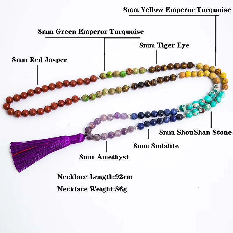 8mm Naturstein 7 Chakra Halskette Meditation Yoga Friedens- und Geistes-Schmuck 108 Japamala Perlen-Rosenkranz Quasten-Anhänger