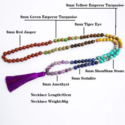 8mm Naturstein 7 Chakra Halskette Meditation Yoga Friedens- und Geistes-Schmuck 108 Japamala Perlen-Rosenkranz Quasten-Anhänger