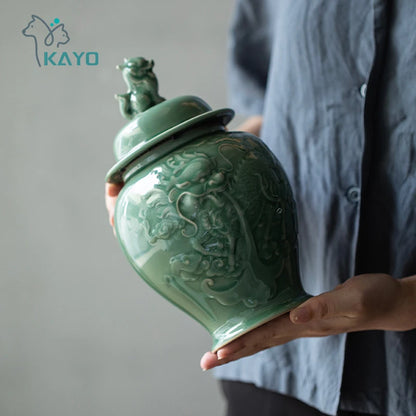 Large handmade pet urn, ceramic hand knife carving process urn for dogs, knife-engraved texture design, special craftsman