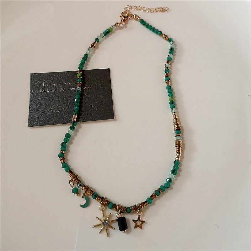 Mode Retro Perlen Schmetterling Metall Y2K Sun Star Opal Anhänger Kette Choker Halskette Für Frauen Böhmen Charme Schmuck Zubehör