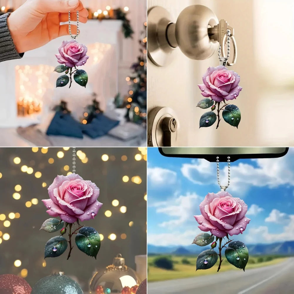 Schicker rosa Rosen-Acryl-Anhänger, vielseitiger Charme, bezaubernder Blumen-Schlüsselanhänger für Autospiegel, Rucksack, Zuhause, festliche Party, Geschenk und Dekoration