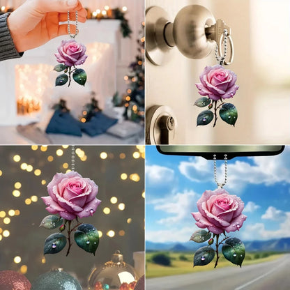 Schicker rosa Rosen-Acryl-Anhänger, vielseitiger Charme, bezaubernder Blumen-Schlüsselanhänger für Autospiegel, Rucksack, Zuhause, festliche Party, Geschenk und Dekoration