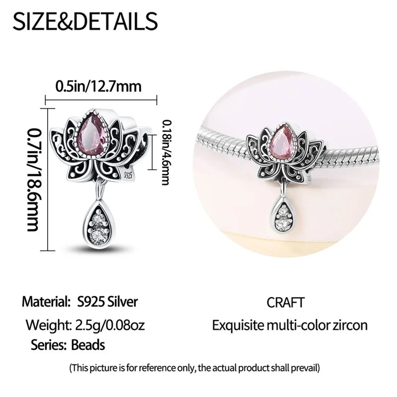 Lotus-Charm-Anhänger aus 925er-Sterlingsilber mit Zirkonia, passend für DIY-Armband-Halskette, Geschenk für Sie, Colgante Plata