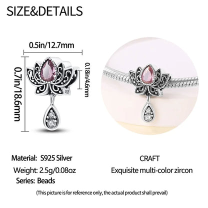 Lotus-Charm-Anhänger aus 925er-Sterlingsilber mit Zirkonia, passend für DIY-Armband-Halskette, Geschenk für Sie, Colgante Plata