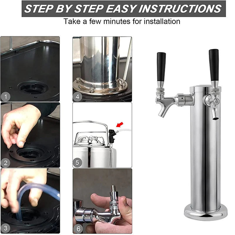 Kegerator Tower Dual Faucet Beer Tower Kit, Double Beer Tap & Drip Tray für Home Bar, Beer Dispensing 3" Fass Tower Beer Fass Tap