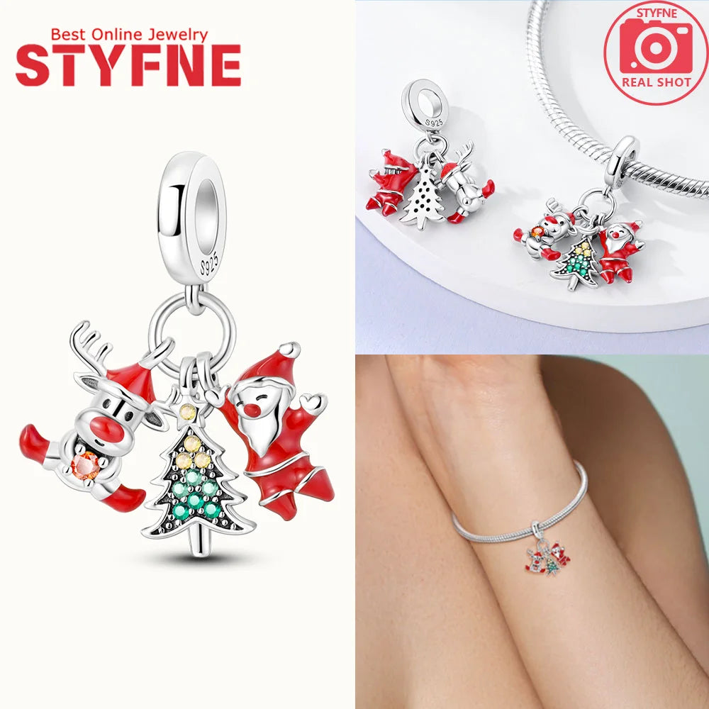 S925 Silber Weihnachten Schneeflocke Charms Herzförmige Glänzende Zirkon Perle Fit Original Armband Diy Edlen Schmuck Weihnachten Geschenk