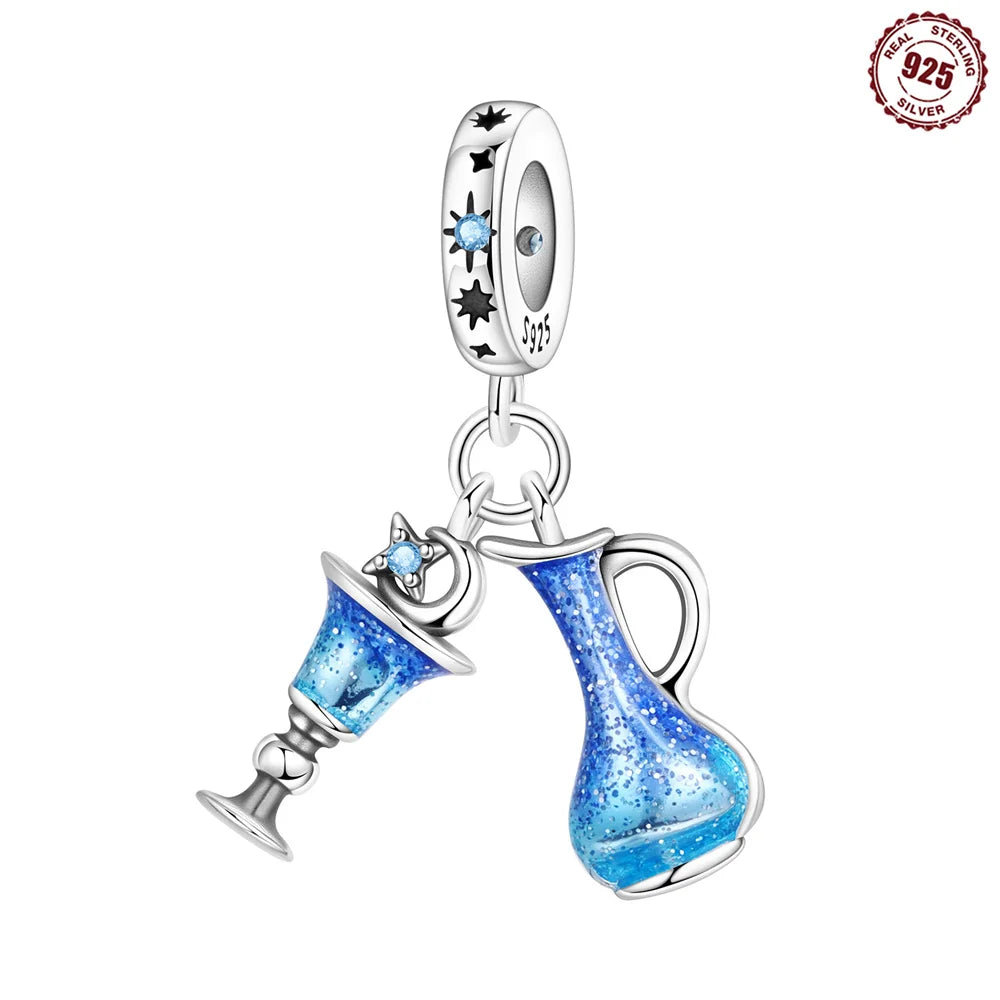Blue Series Charm-Anhänger aus 925er-Sterlingsilber, Dackel-Feder, Meer, Kokosnussbaum, Stern, Hexe, passend für DIY-Armbänder, Halsketten, Partygeschenke