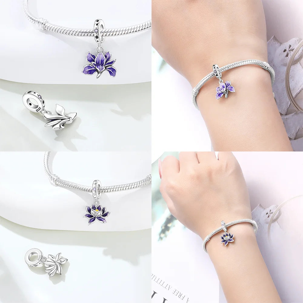 Charms aus 925er Silber, Blumenserie, lila Iris, Lilie, rosa Lilie, Perlen-Anhänger, passend für Original-Armbänder, Modeschmuck, DIY-Frauen-Geschenke