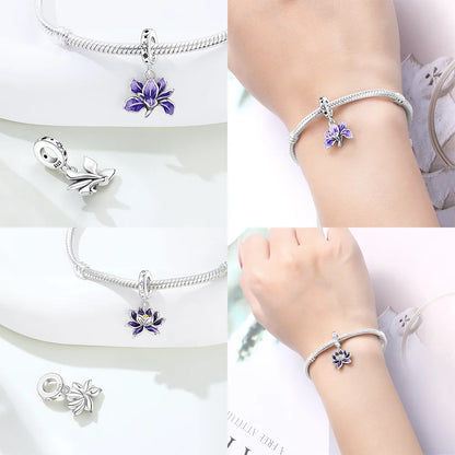 Charms aus 925er Silber, Blumenserie, lila Iris, Lilie, rosa Lilie, Perlen-Anhänger, passend für Original-Armbänder, Modeschmuck, DIY-Frauen-Geschenke