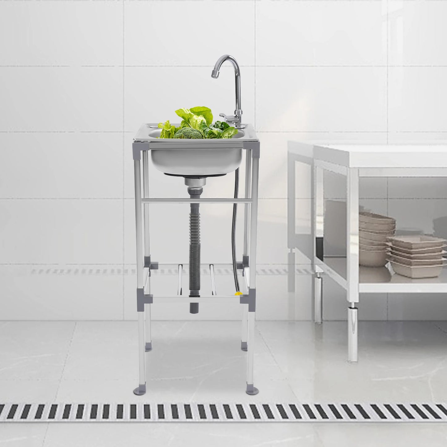 Freistehender Edelstahlspülbecken, 360° °   Drehbarer Wasserhahn, Tragfähigkeit 60kg 42x37x83cm Mobiles Waschbecken für Außenbereiche